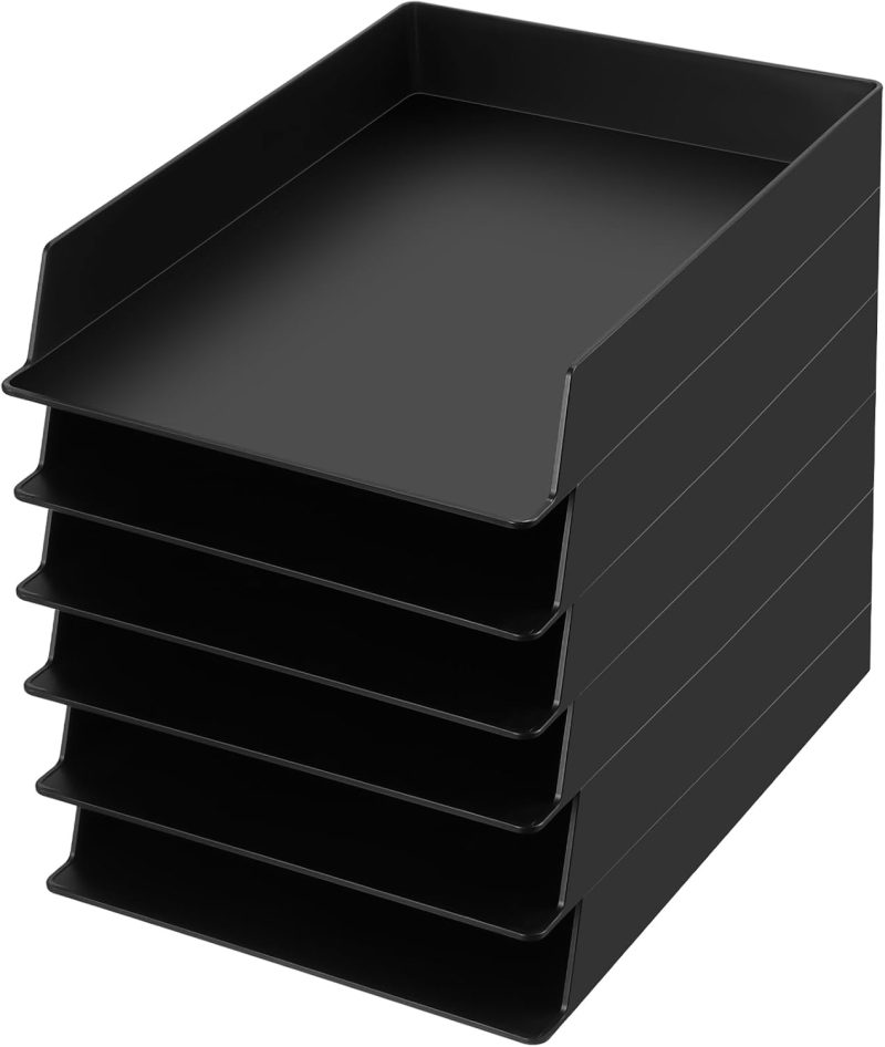 6 Pcs Stackable Paper Trays Rectangular Plastic Desk Holder Desktop Document File Organizer Storage Letter for Office Classroom (Black)