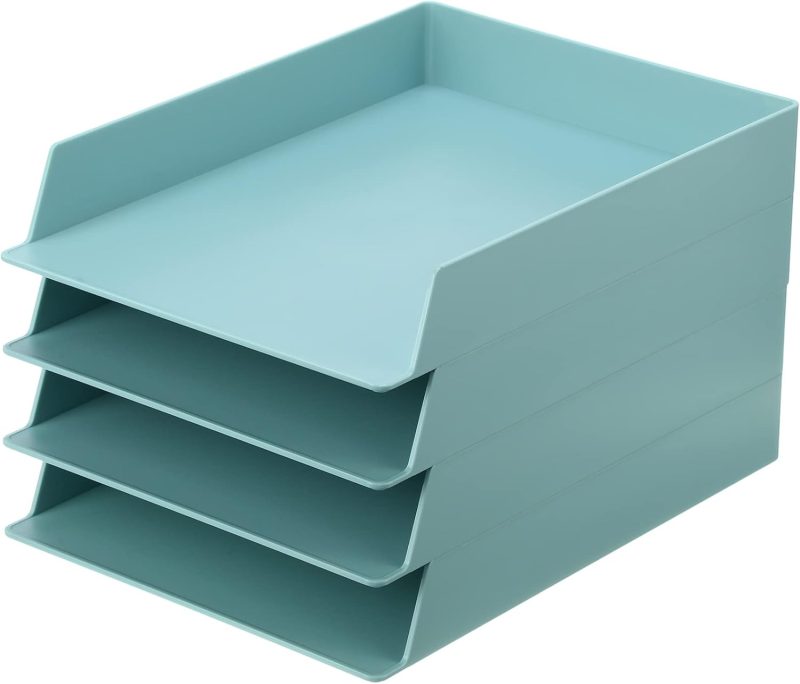 4 Pack Stackable Paper Trays Plastic Letter Tray Desk Organizer Paper Holder Organizer Storage Office Desk Accessories for Classroom Magazine File Documents 12.8 x 9.45 x 1.97, Blue Green