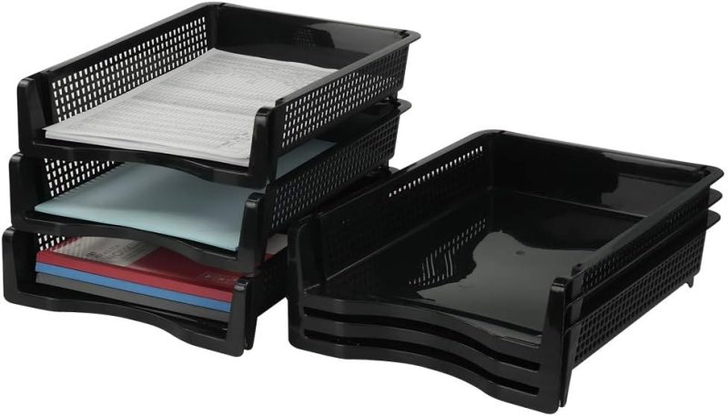 Stackable Paper Tray Set of 6, Black Plastic Letter Tray Basket