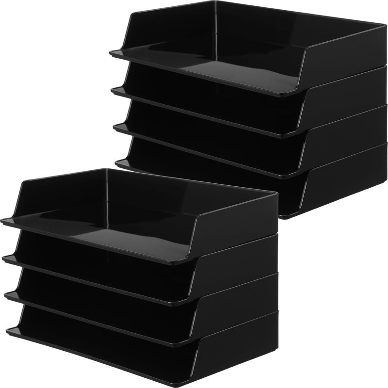 Paper Organizer for Desk Stackable Plastic Paper Tray Office Organization and Storage 9.37 x 5.91 x 1.57 Inch Stacking File Rectangular Letter Tray for Office Desktop(Black,8 Pcs)
