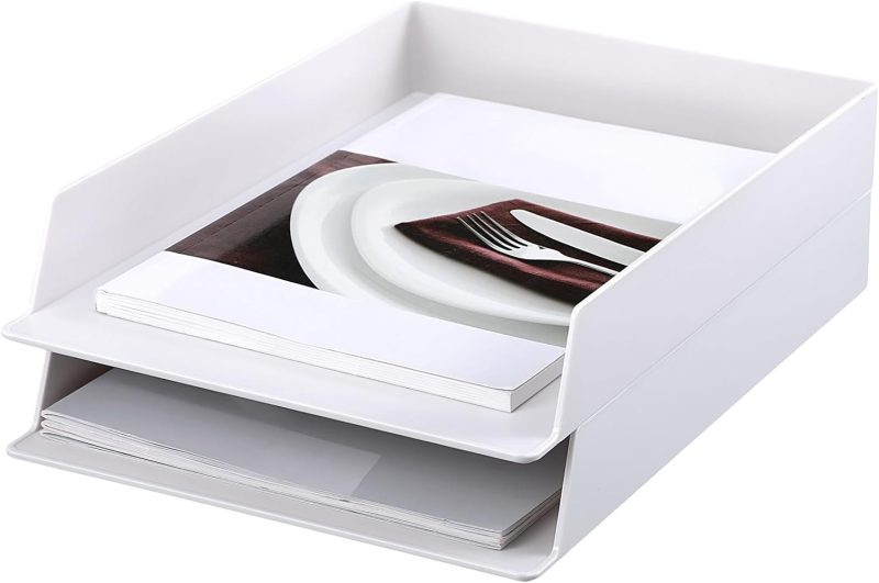 2 Pcs 4 Pcs Letter Tray File Organizer for Desk White Stackable Plastic Paper Organizer 12.8 x 9.45 x 1.97 Inches Document Tray Document Holder for Office Desktop Paper File Magazine Mail