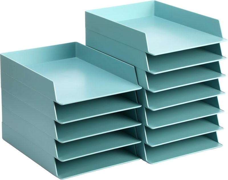 12 Pack Stackable Paper Trays Plastic Letter Tray Desk Organizer Paper Holder Organizer Storage Office Desk Accessories for Classroom Magazine File Documents 12.8 x 9.45 x 1.97, Blue Green