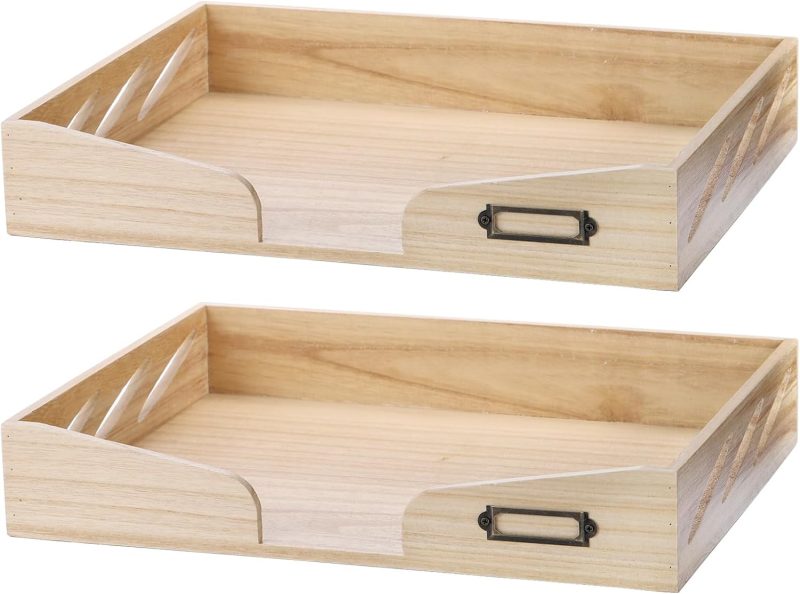 2 Pack Wood Letter-Size Tray, Stackable Office Letter Organizer Desk Tray, Paper Tray Organizer for Desktop Organizeration with Metal Label Card Holder, Wooden Desktop File Folder Holder