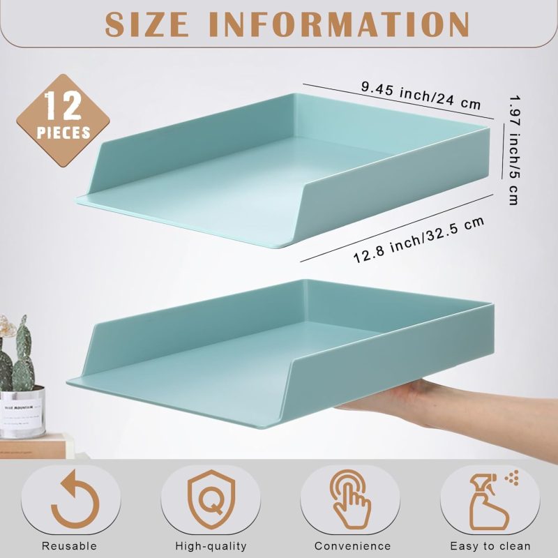12 Pack Stackable Paper Trays Plastic Letter Tray Desk Organizer Paper Holder Organizer Storage Office Desk Accessories for Classroom Magazine File Documents 12.8 x 9.45 x 1.97, Blue Green