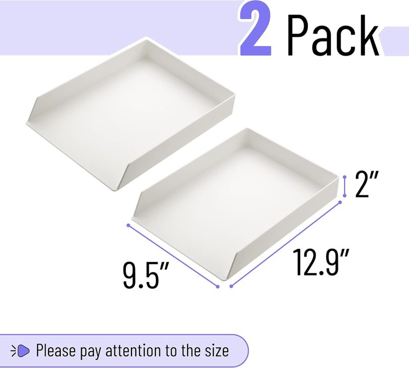 Letter Tray Desk Organizer, Plastic, 2 Pack, White File Organizer for Desk, Paper Organizer for Desk, Paper Holder for Desk, White Desk Organizer, Paper Tray Organizer, Office Desk Organizers