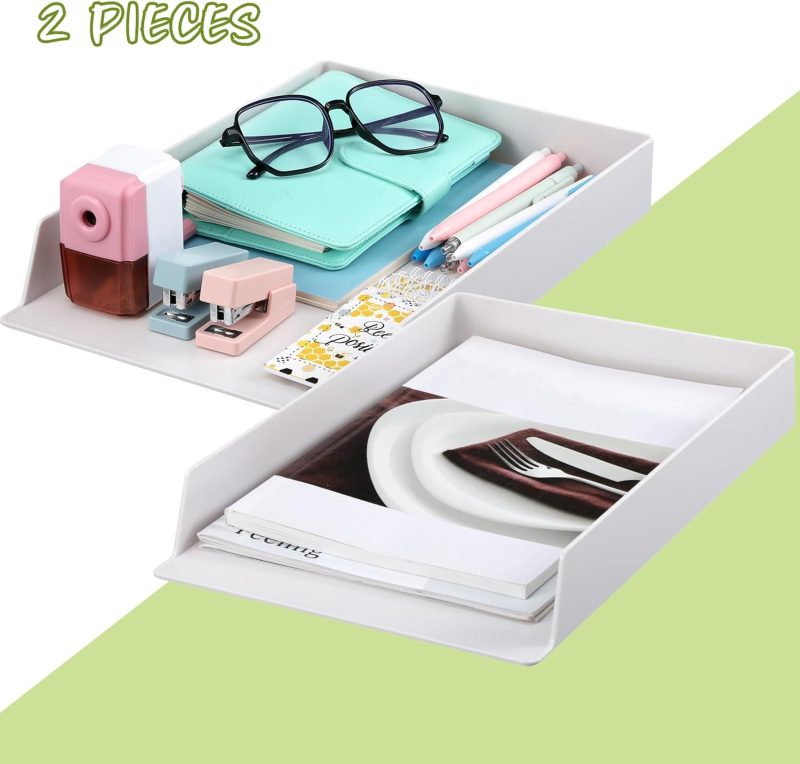 2 Pcs 4 Pcs Letter Tray File Organizer for Desk White Stackable Plastic Paper Organizer 12.8 x 9.45 x 1.97 Inches Document Tray Document Holder for Office Desktop Paper File Magazine Mail - Image 2