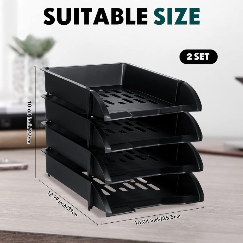 8 Pcs Stackable Paper Trays Organizer for Desk 8 Layer Stackable Letter Trays Plastic File Organizer Tray and Stacking Supports for File Storage, 13 x 10 x 2.76'' (Black) - Image 2