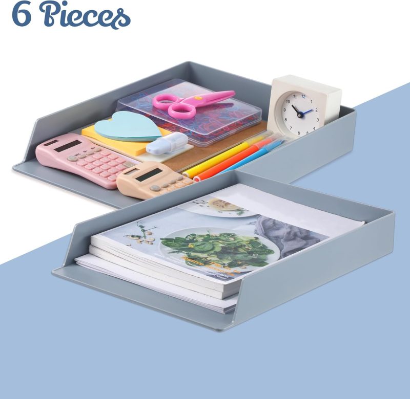 6 Pcs Stackable Paper Trays Rectangular Plastic Desk Holder Desktop Document File Organizer Storage Letter for Office Classroom (Gray) - Image 2