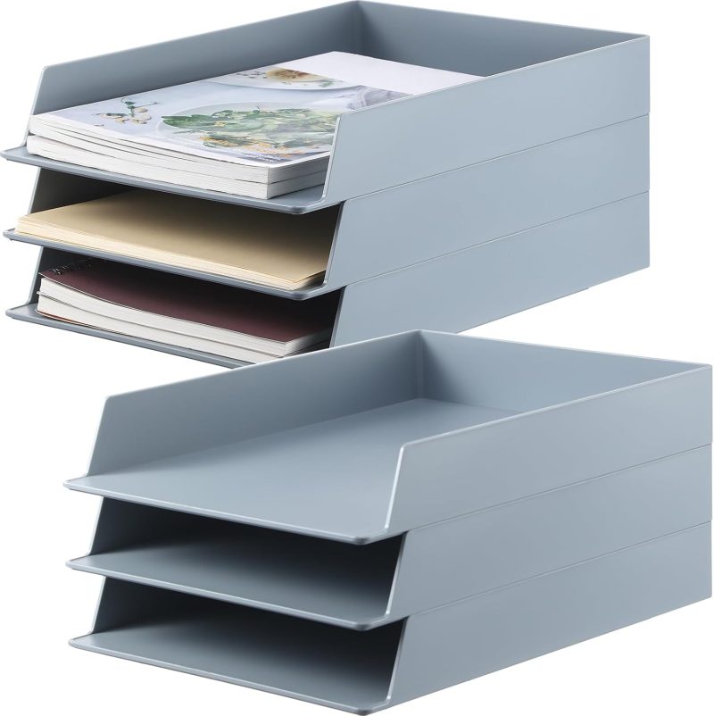 6 Pcs Stackable Paper Trays Rectangular Plastic Desk Holder Desktop Document File Organizer Storage Letter for Office Classroom (Gray)