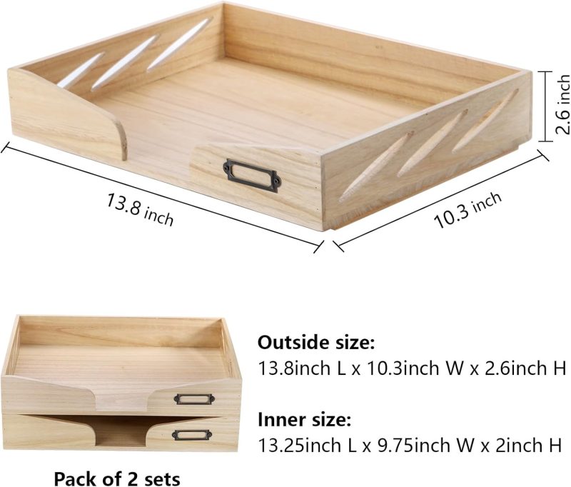 2 Pack Wood Letter-Size Tray, Stackable Office Letter Organizer Desk Tray, Paper Tray Organizer for Desktop Organizeration with Metal Label Card Holder, Wooden Desktop File Folder Holder - Image 2
