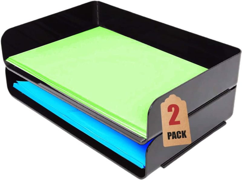Stackable Paper Tray,  Size Plastic Desk Tray Organizer, Side Load Tray, Black (2 Pack)