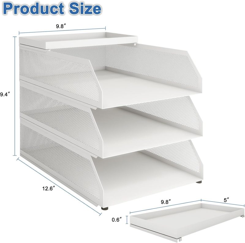 3-Tier Stackable Paper Tray, Metal Mesh Desktop Organizer, Paper Sorter, Letter Trays,File Document Storage Rack for for Home, Office, School (White) - Image 2