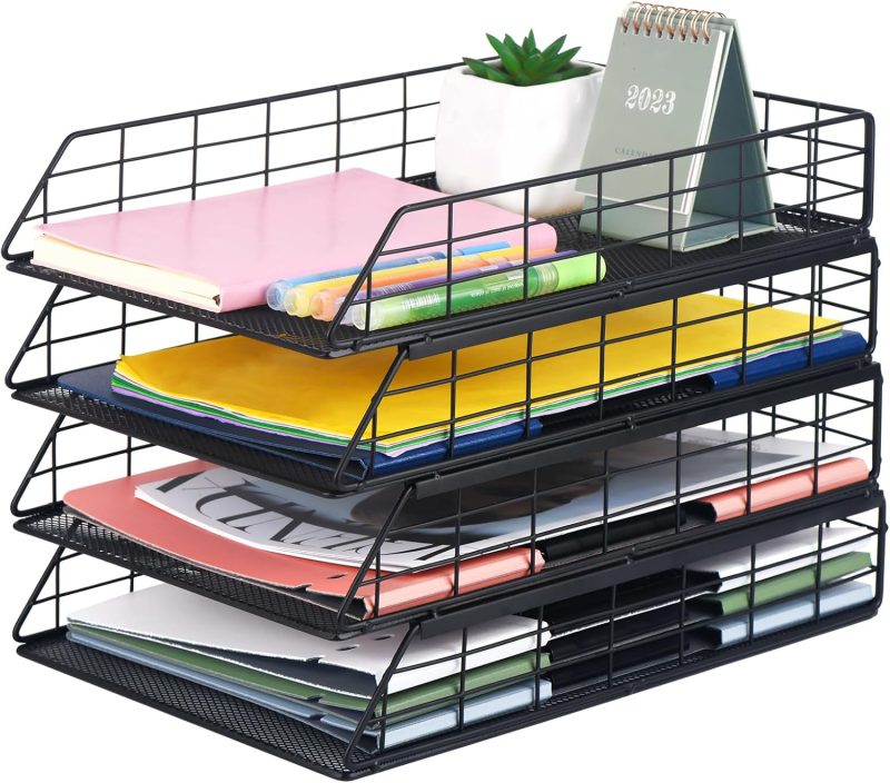4 Pack Stackable Letter Tray Paper Organizer, Metal Desk Organizer Tray for A4 Paper Storage, Suitable for Office, School, Home, Black