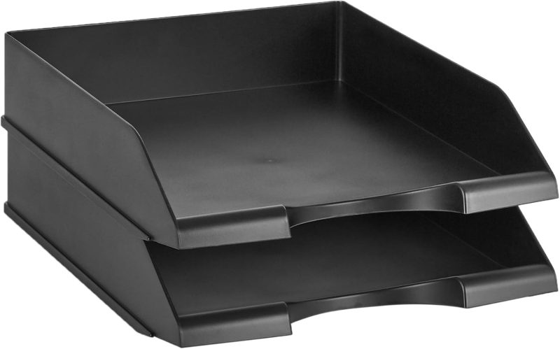 Rectangular Stackable Office Letter Size Plastic Organizer Desk Tray, Pack of 2, 13.3" x 10" x 2.5", Black