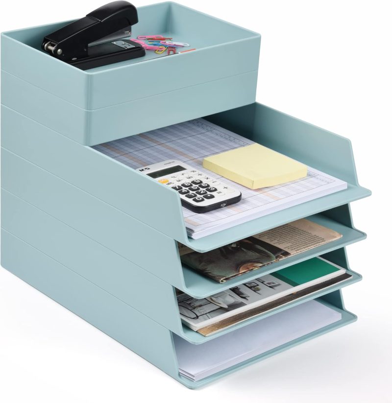 4 Tier Stackable Letter Tray File Organizer, Desktop Document File Tray Paper Sorter, Blue A4 Paper Organizer for Home, Office, School