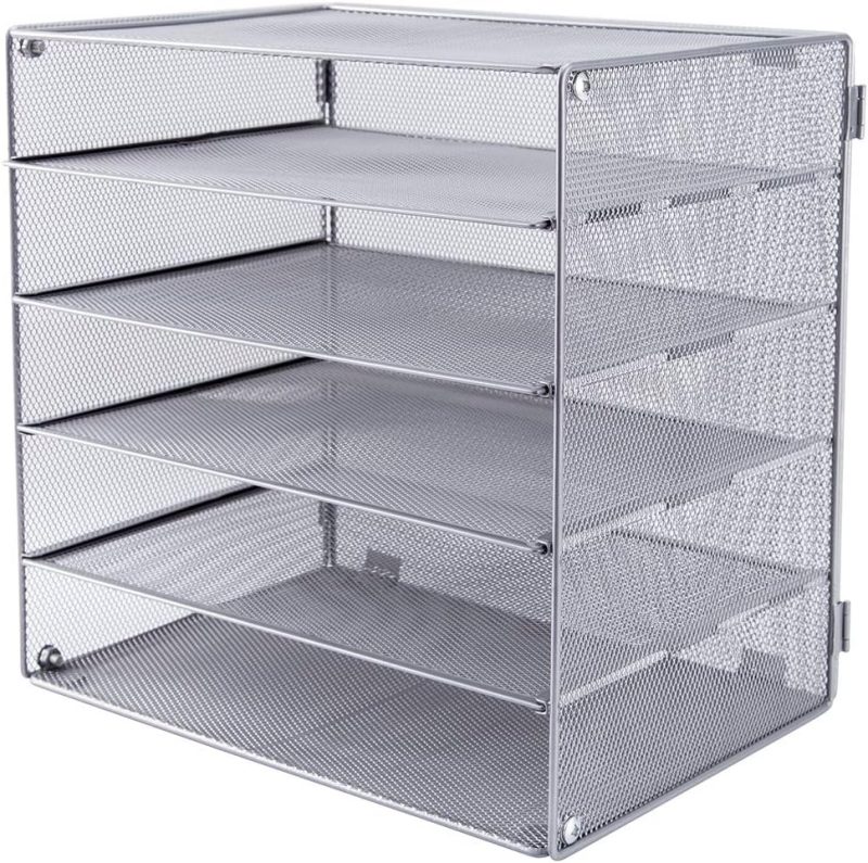 5 Slot Mesh Desk Organizer Tray, File Paper Letter Folder Holder Desktop Paper Sorter Mail Organization Rack Storage Accessories, for Office Home School Classroom, Silver
