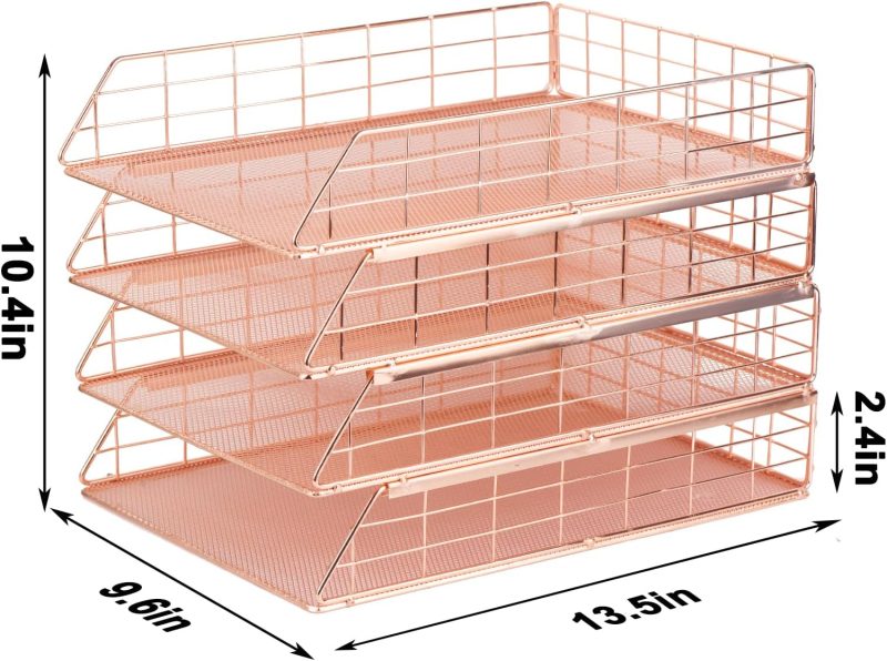 4 Pack Stackable Letter Tray Paper Organizer, Metal Desk Organizer Tray for A4 Paper Storage, Suitable for Office, School, Home, Rose Gold
