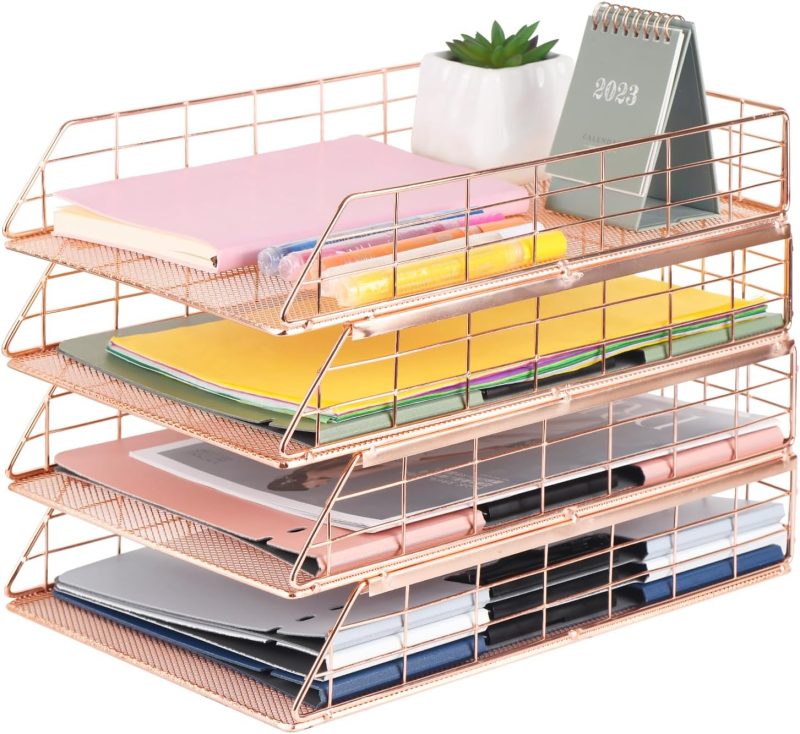 4 Pack Stackable Letter Tray Paper Organizer, Metal Desk Organizer Tray for A4 Paper Storage, Suitable for Office, School, Home, Rose Gold