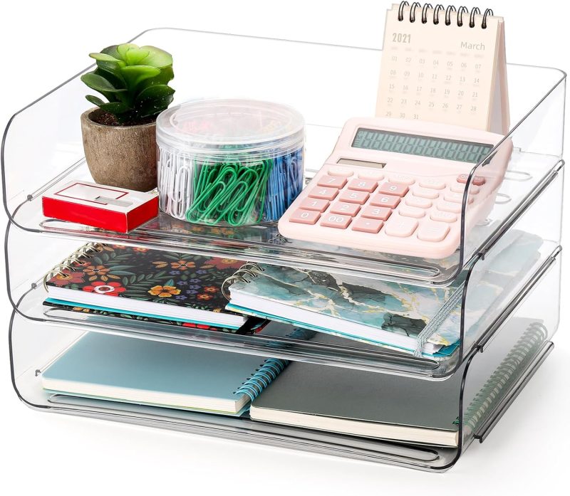 3 Pack Stackable Paper Trays, Clear PET Desk Letter Tray Set, 3 Tier File Document Organizer Tray for A4 Paper, Magazine, Receipts, Office Supplies