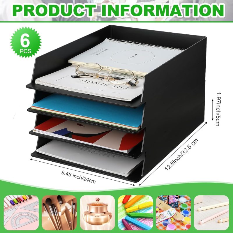 6 Pcs Stackable Paper Trays Rectangular Plastic Desk Holder Desktop Document File Organizer Storage Letter for Office Classroom (Black) - Image 2