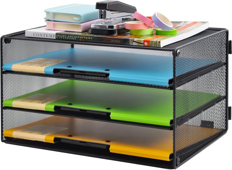 3 Tier Mesh Desk Paper Tray Organizer, File Organization for Letter Document, Desktop Mail Storage Holder for Office Home School, Black