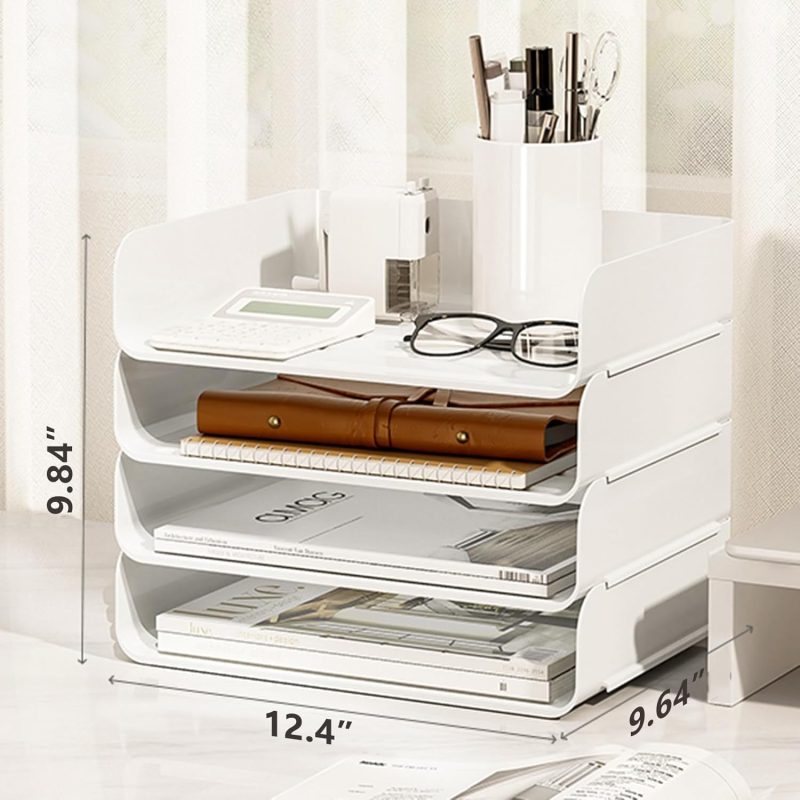 Desk Organizer Stackable Desk Paper Letter Tray Organizer Office Desktop File Paper Holder Book Storage Organization Rack (White, 4 x Wide Entry) - Image 2