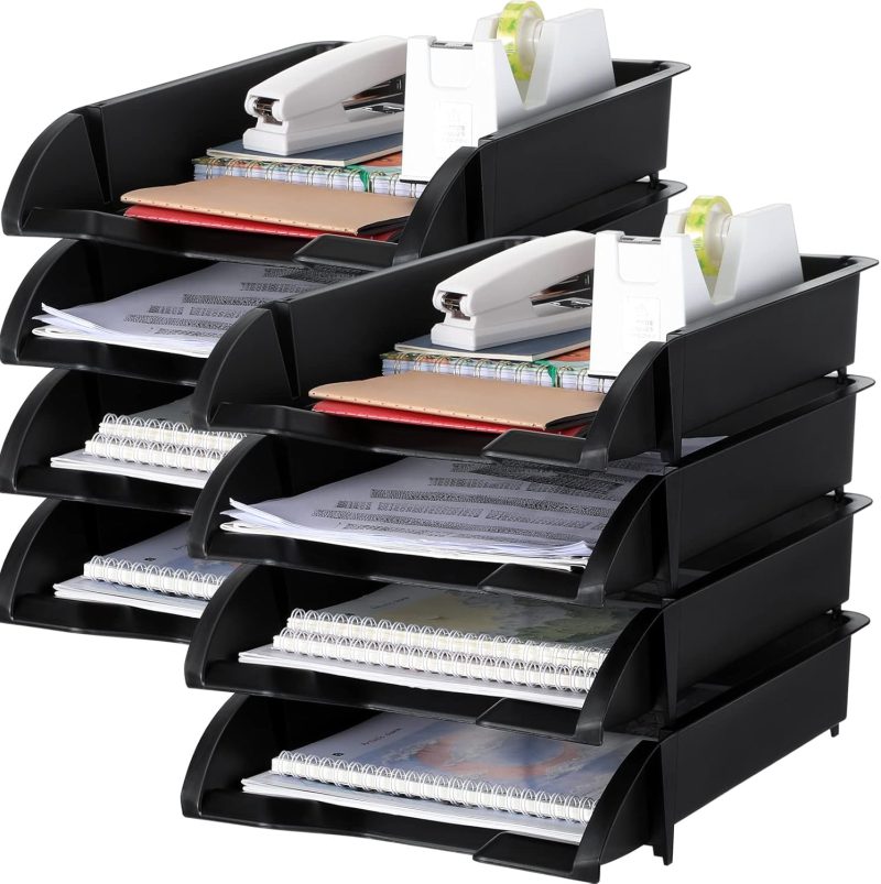 8 Pcs Stackable Paper Trays Organizer for Desk 8 Layer Stackable Letter Trays Plastic File Organizer Tray and Stacking Supports for File Storage, 13 x 10 x 2.76'' (Black)