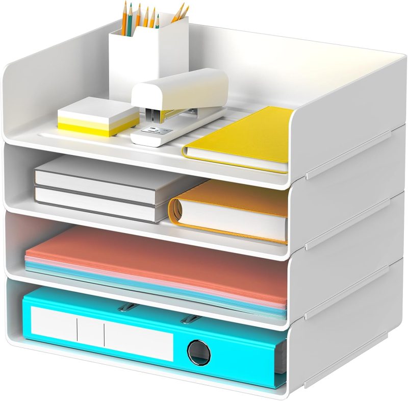 Desk Organizer Stackable Desk Paper Letter Tray Organizer Office Desktop File Paper Holder Book Storage Organization Rack (White, 4 x Wide Entry)