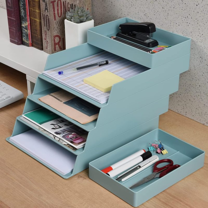 4 Tier Stackable Letter Tray File Organizer, Desktop Document File Tray Paper Sorter, Blue A4 Paper Organizer for Home, Office, School - Image 2