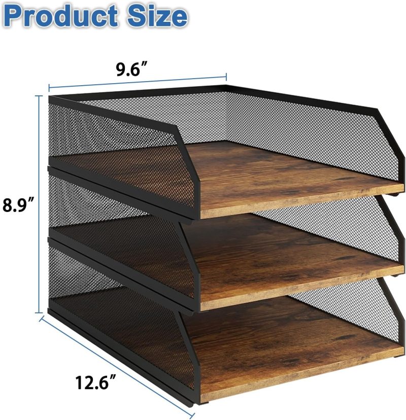 3-Tier Stackable Paper Tray, Metal Mesh Desktop Organizer, Wood Board Paper Sorter, Letter Trays,File Document Storage Rack for for Home, Office, School (Retro) - Image 2