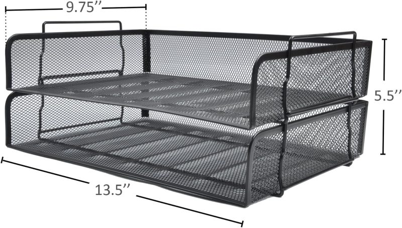 2 Pack Stackable Desk Paper Tray, Metal Mesh Desktop Document Letter File Organizer for Office Home School, 13.5'' L x 9.75'' W x 5.5'' H, Black