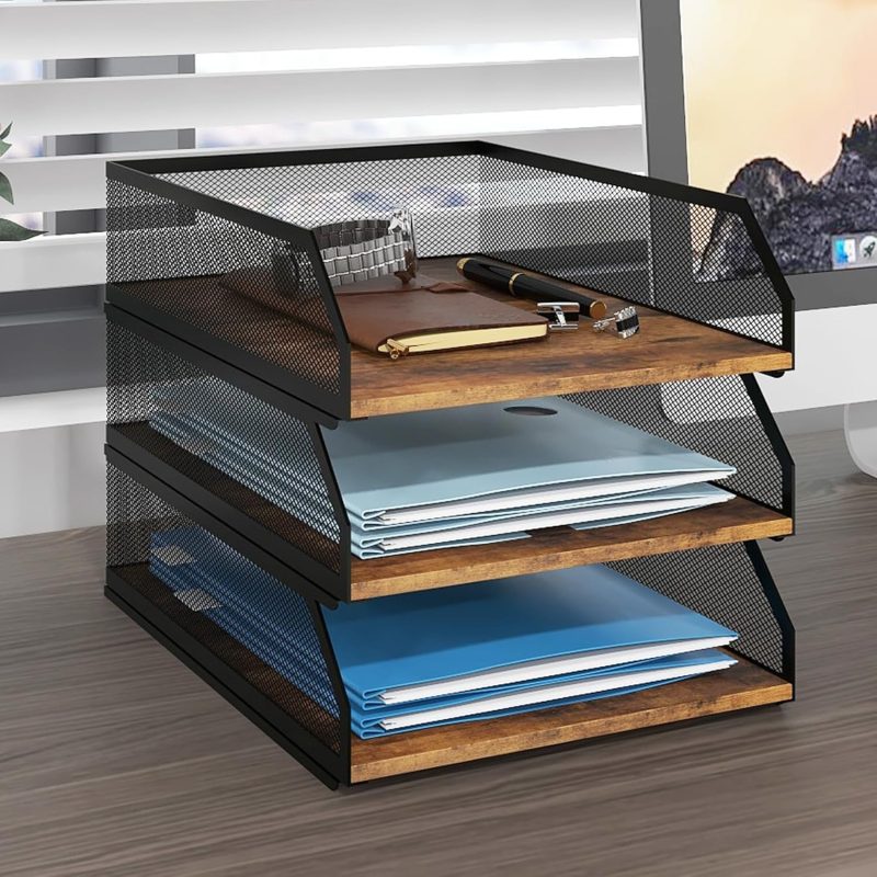 3-Tier Stackable Paper Tray, Metal Mesh Desktop Organizer, Wood Board Paper Sorter, Letter Trays,File Document Storage Rack for for Home, Office, School (Retro)