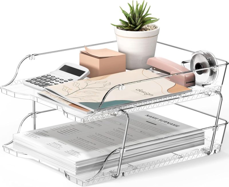 2-Tier Clear Stackable Letter Tray Organizer – Desktop File Holder for A4/Letter Size Paper, Document Sorter, Office Desk Paper Organizer, Transparent File Storage