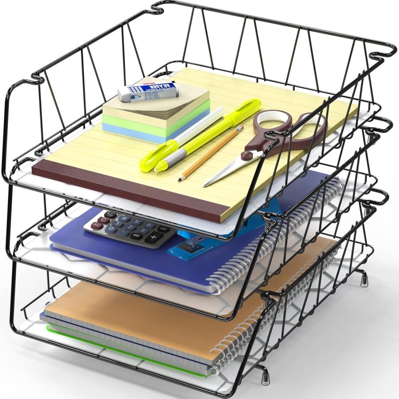 Stackable Desk File Document Letter Tray, Wire Grid, 3 Packs, Black