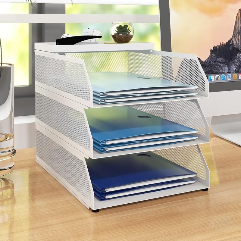 3-Tier Stackable Paper Tray, Metal Mesh Desktop Organizer, Paper Sorter, Letter Trays,File Document Storage Rack for for Home, Office, School (White)