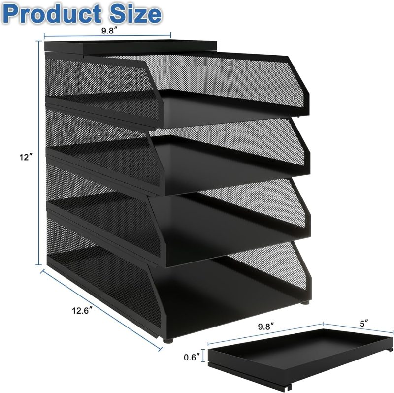 4-Tier Stackable Paper Tray, Metal Mesh Desktop Organizer, Paper Sorter, Letter Trays,File Document Storage Rack for for Home, Office, School (Black) - Image 2