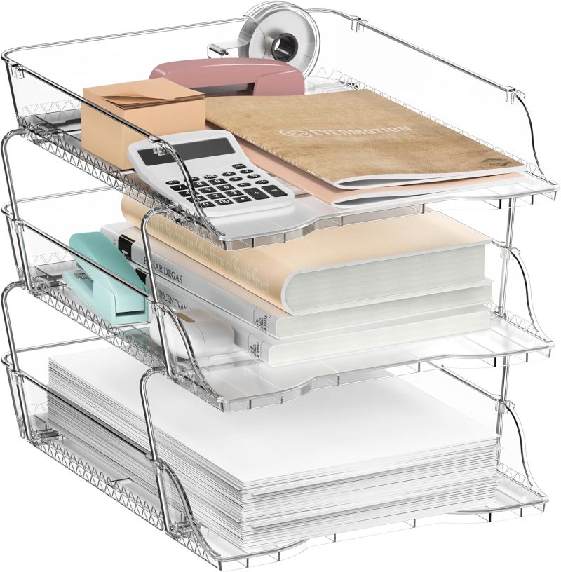 3-Tier Crystal Clear Stackable Document Letter Tray Paper Organizer – Desk Organizer for A4/Letter Size Documents, File Sorter, Paper Holder, Office Desktop File Storage, Acrylic Look