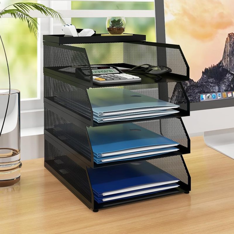 4-Tier Stackable Paper Tray, Metal Mesh Desktop Organizer, Paper Sorter, Letter Trays,File Document Storage Rack for for Home, Office, School (Black)