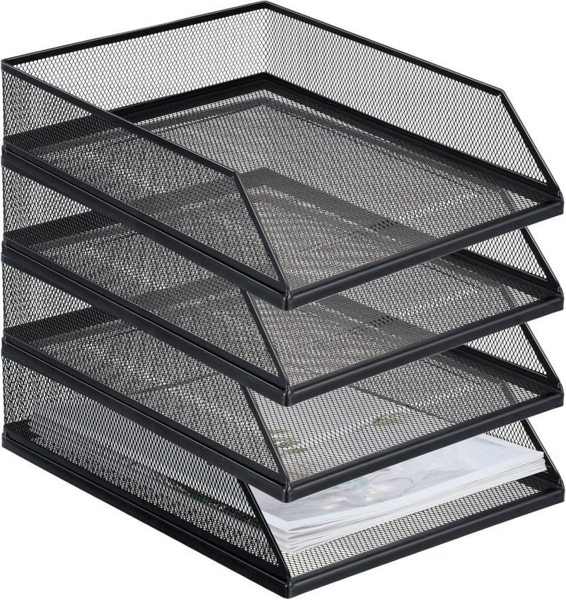 Black Metal Letter Tray Stackable Desk Tray Single Wire Mesh Organizer Front Load File Paper Holder for Desktop Office Home School Classroom, 12.8 x 9.84 x 2.95 Inch(4 Pcs)